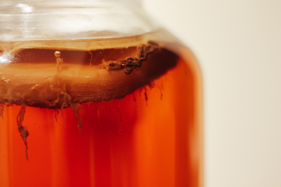 Zelfgebrouwen kombucha met een SCOBY in een glazen pot